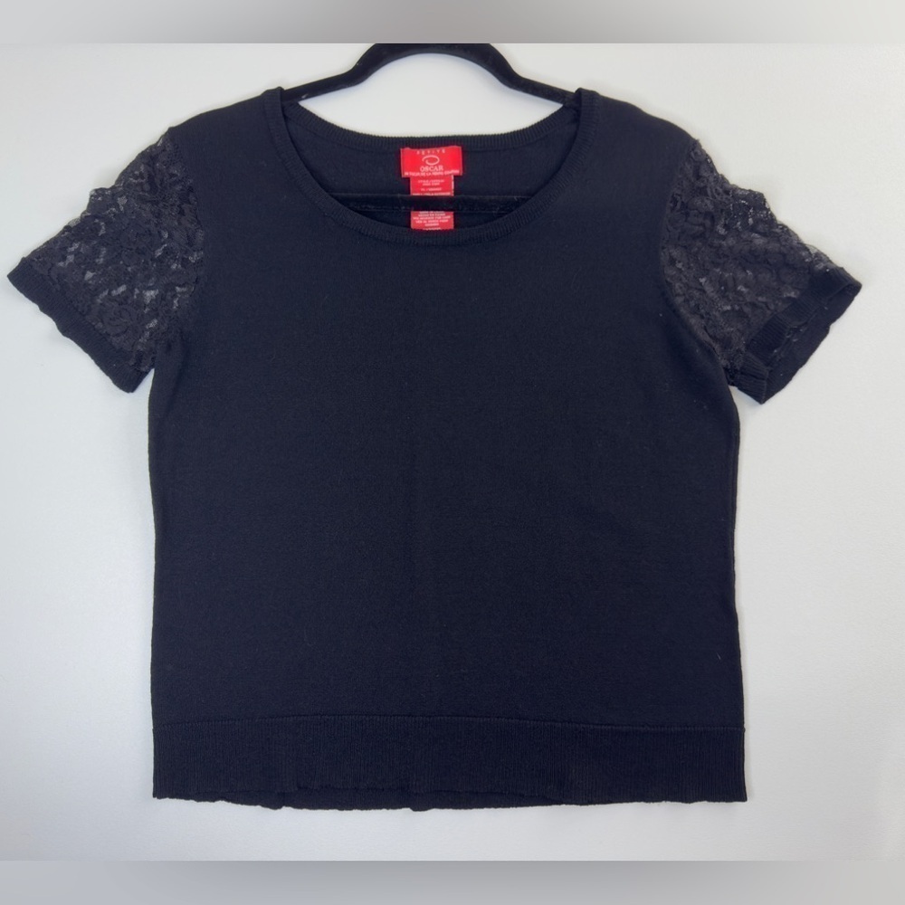 VTG Oscar de la Renta Lace Sleeve Stretch Knit Black Sweater Petite Large